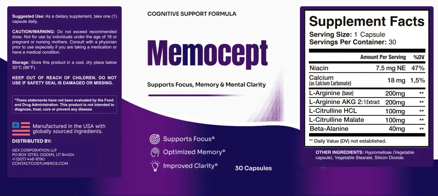 Memocept supplement facts and ingredient label