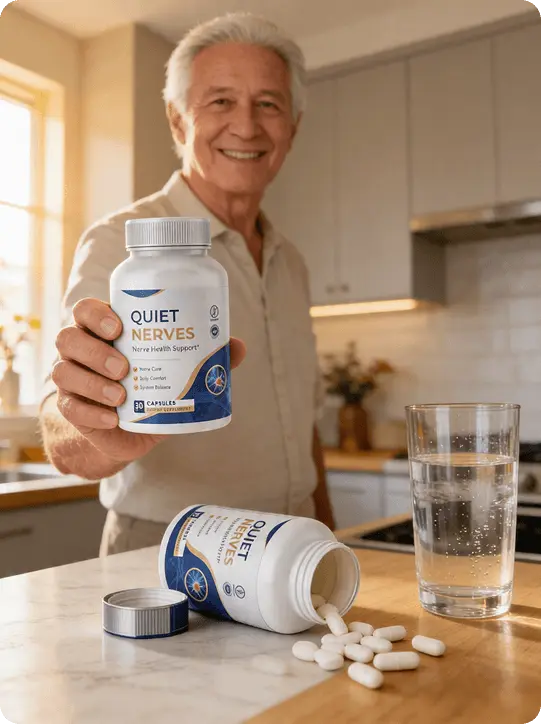 Man holding Quiet Nerves supplement bottle in kitchen